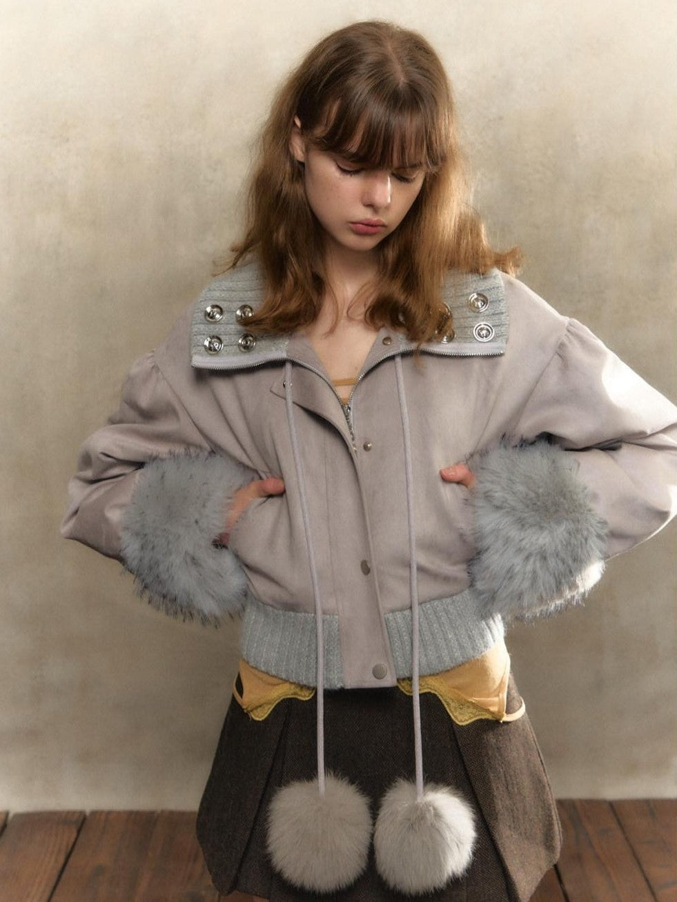 UNIVERSE Gray Purple Suede Pom Pom Buttoned Women's Polyester Spandex Puffer Jackets