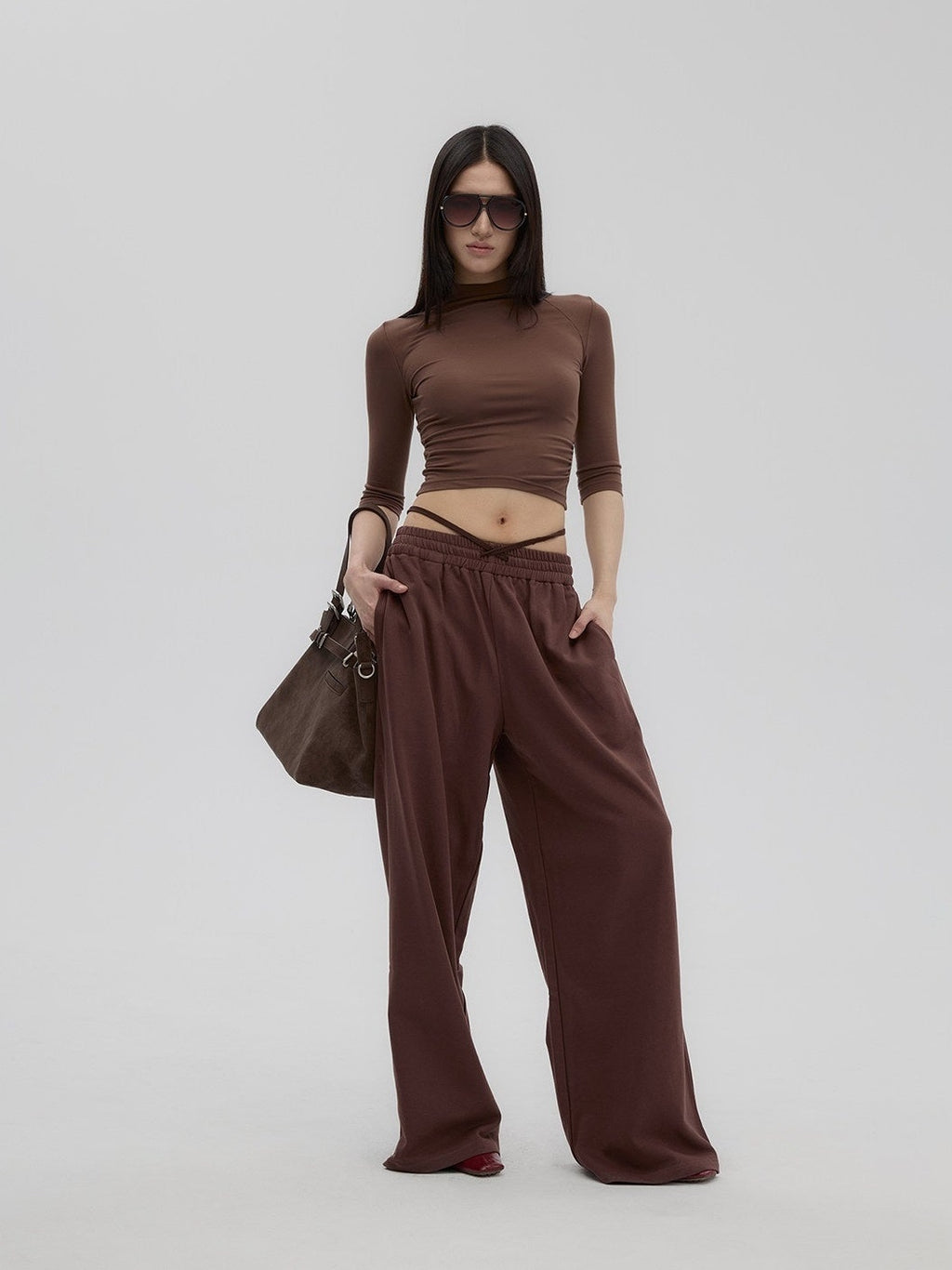Fanptntox_Brown_Retro_Mock_Neck_Slim_Fit_Women's_Knit_Wide_Leg_Casual_Top_&_Pants_Sets_931134190894_MISSTT