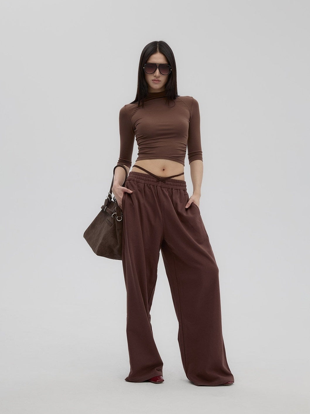 Fanptntox_Brown_Retro_Mock_Neck_Slim_Fit_Women's_Knit_Wide_Leg_Casual_Top_&_Pants_Sets_931134190894_MISSTT