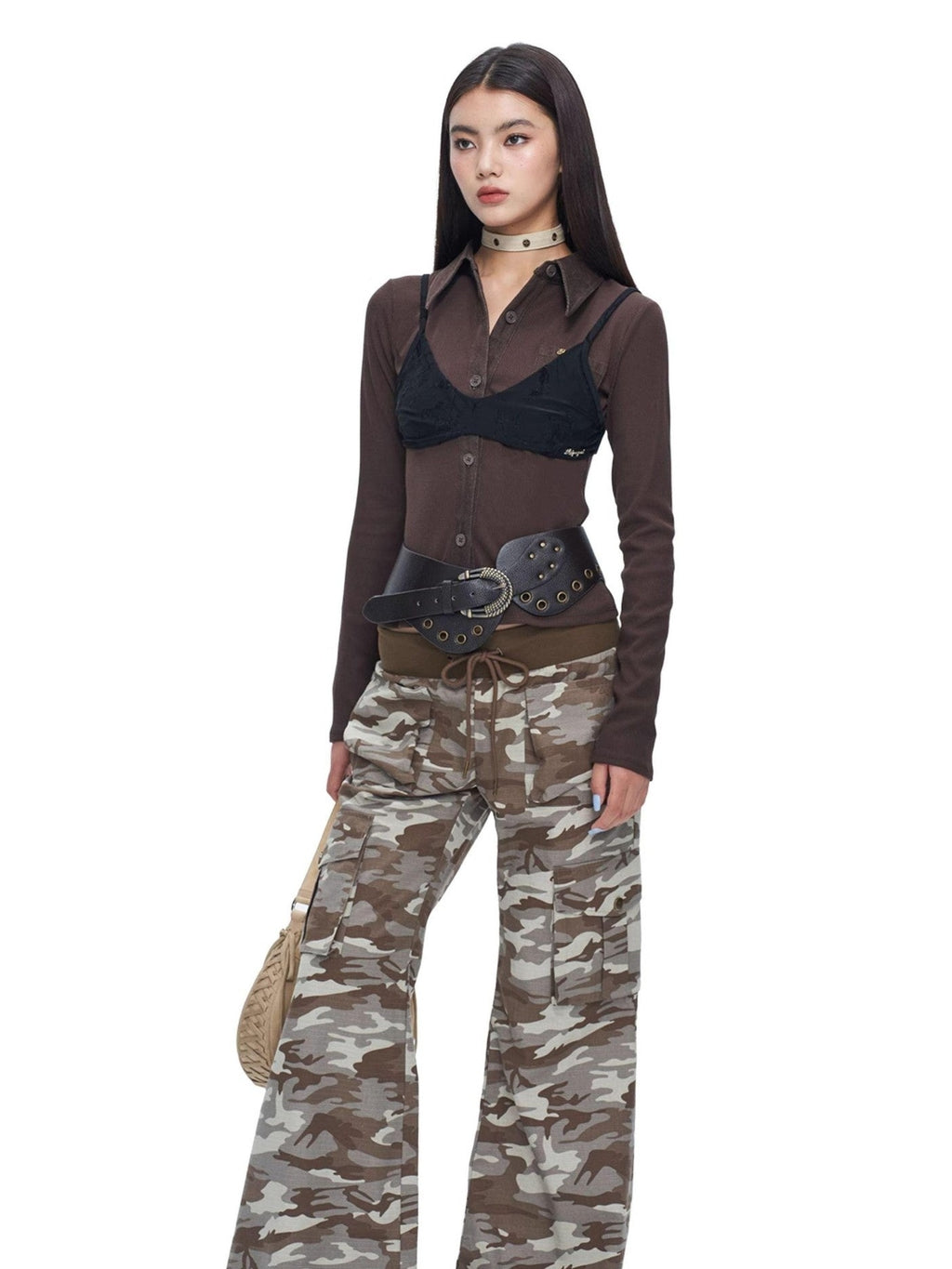 NextPassport MOF Camo Low Rise Ribbed Waist Micro Flare Women's Cotton Bootcut Pants