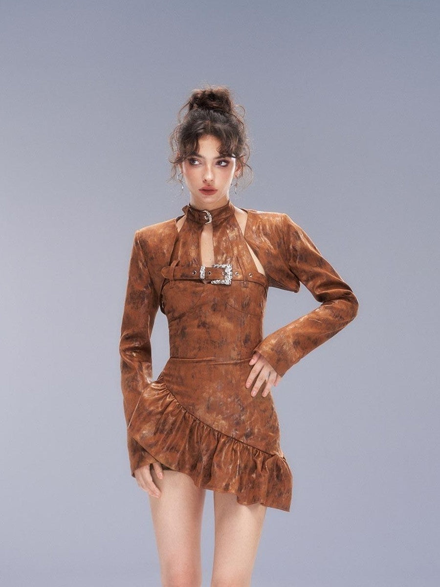 Tut tuto Brown Backless Zipper High Waist Slim Women's Halter Mini Dresses