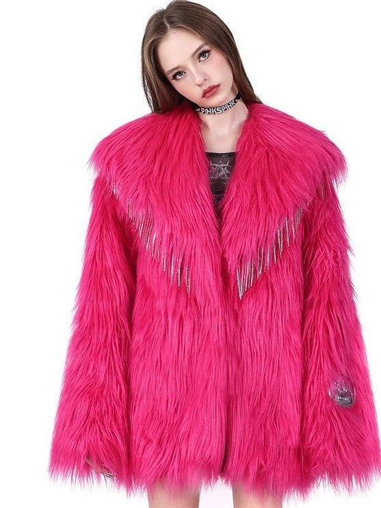 PINKSPINK Barbie Pink Rhinestone Pendant Fringe Y2k Silhouette Women's Faux Fur Coats