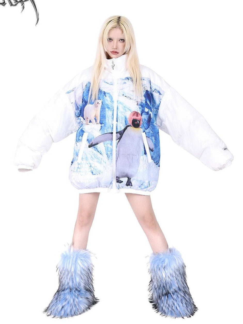 PINKSPINK Snow Mountain Polar Bear Print Stand Collar Women's Cotton Padded Puffer Jackets