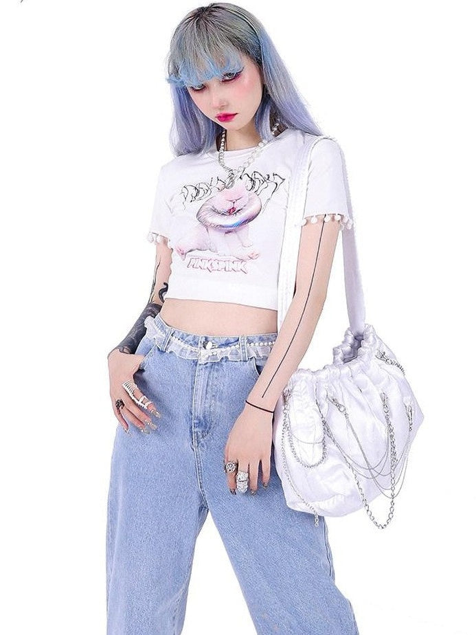 PINKSPINK White Cartoon Cat Print Round Neck Short Sleeve Slim Fit Women's Crop Tops