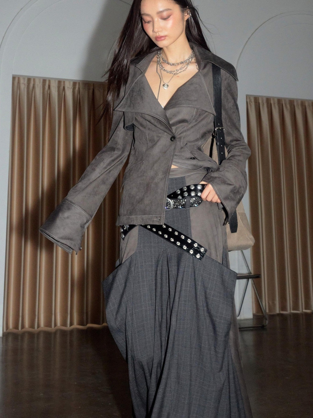 Jnylon studios Gray Contrast Spliced Pleated Pocket Women's Polyester Maxi Skirts