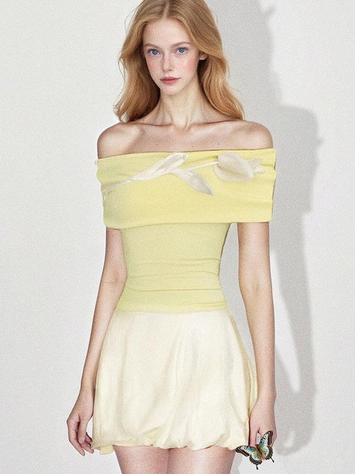 GGLOYDIUS 3d Floral Off Shoulder Yellow Women's Silk Casual Top & Skirt Sets