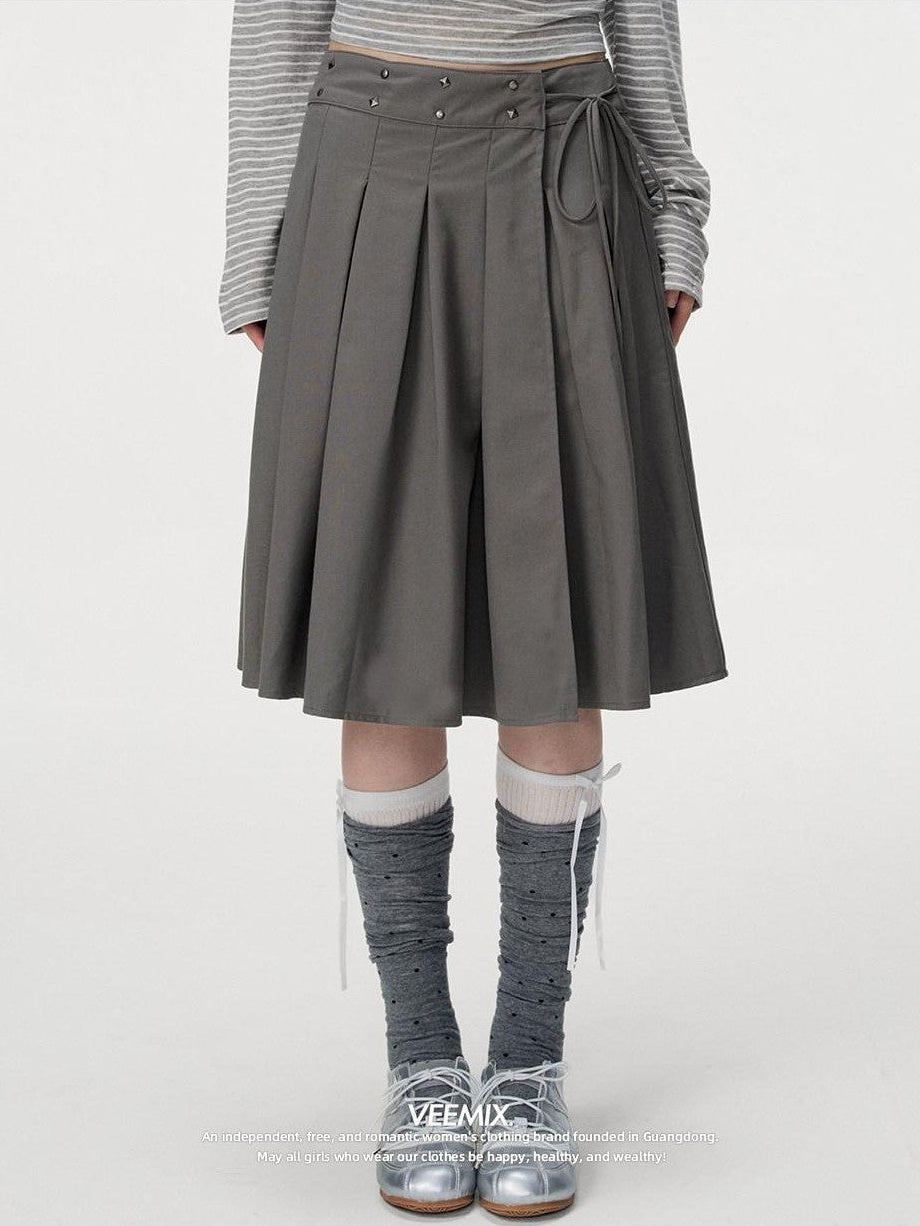 VEEMIX Grey Hand Pleated Side Slit High Waist Tie Women's Cotton Blend Pleated Skirts