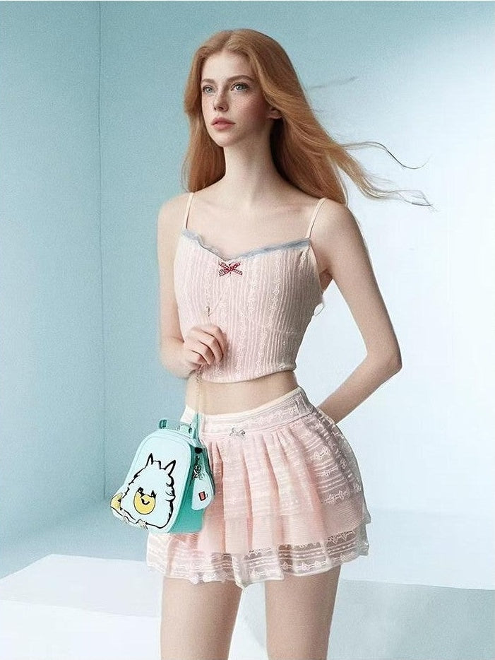GGLOYDIUS Pink Bow Lace Cami Slim Padded Cotton Blend Women's Matching Skirt Sets