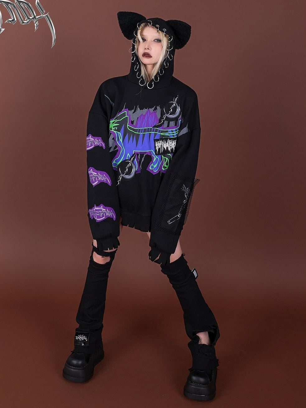 PINKSPINK Horror Cat Patch Embroidered Ring Ear Distressed Women's Cotton Hoodies