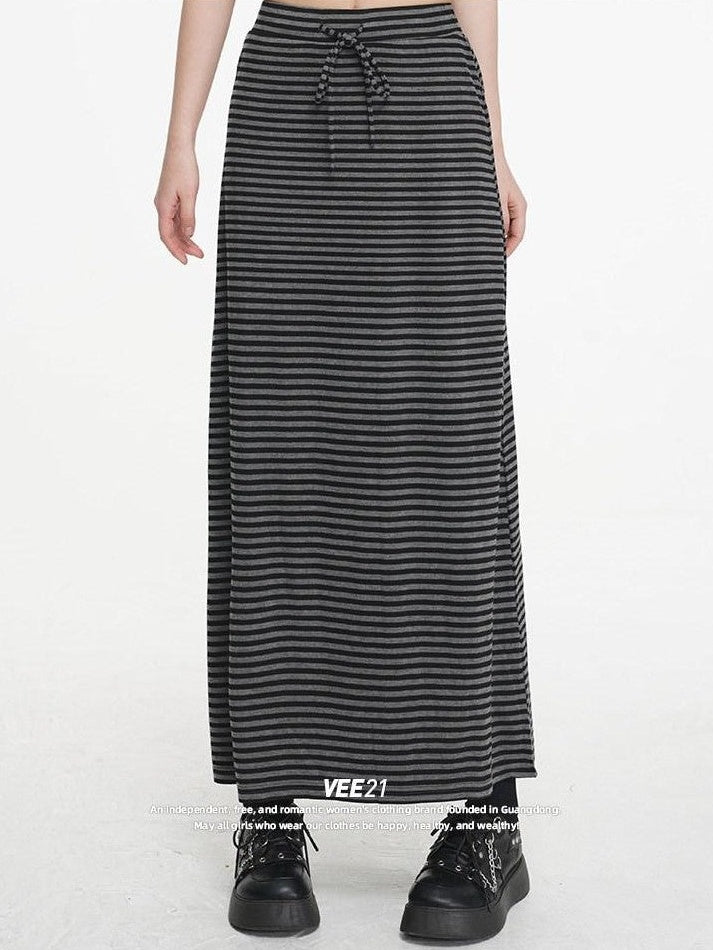 VEEMIX Striped Tie Waist Slim H Women's Polyester Rayon Blend Bodycon Maxi Dresses