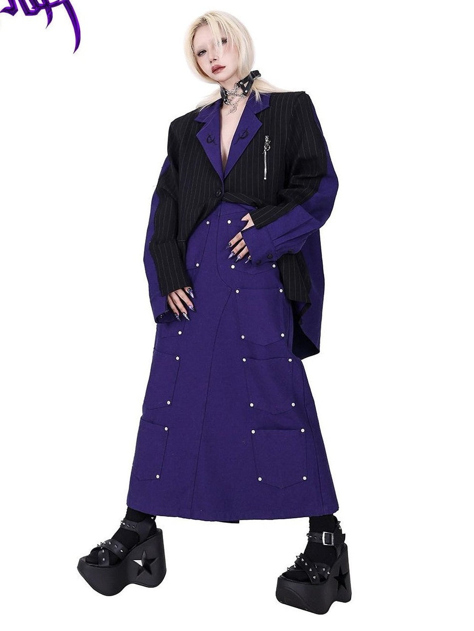 PINKSPINK Dark Purple Embroidered Multi Pocket Patchwork Women's Denim Maxi Skirts