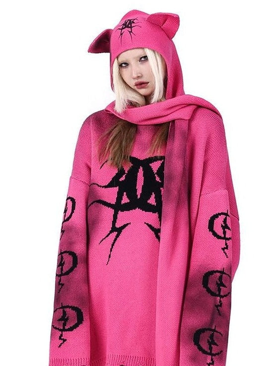 Pink Graffiti Colorblock Loose Women's Acrylic Blend Pullover Sweaters