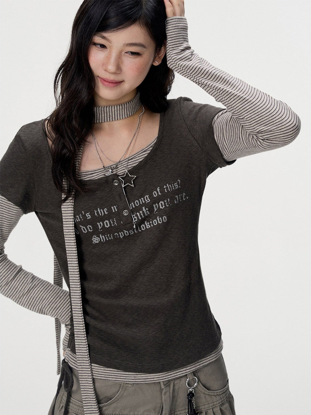 VEEMIX_Coffee_Striped_Faux_Layered_Drawstring_Women's_Cotton_Long_Sleeve_T-shirts_1071160367580_MISSTT