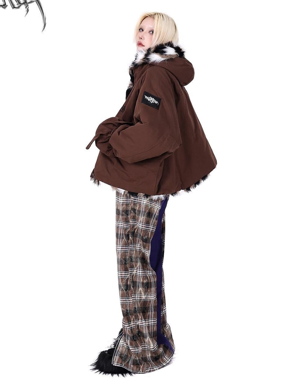 PINKSPINK Dream Purple Patchwork Zipper Plaid Asymmetric Pocket Women's Wide-leg Pants