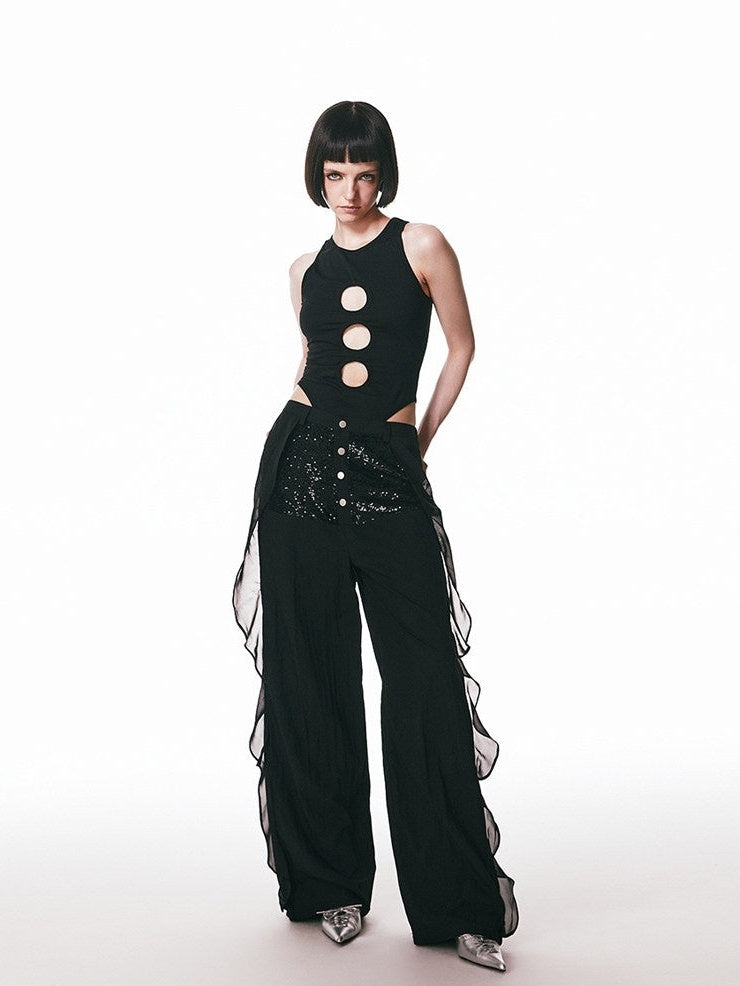 SENSELF_Sequins_Flowing_Black_Spliced_Lace_Trim_Breathable_Women's_Wide-leg_Pants_714303427316_MISSTT
