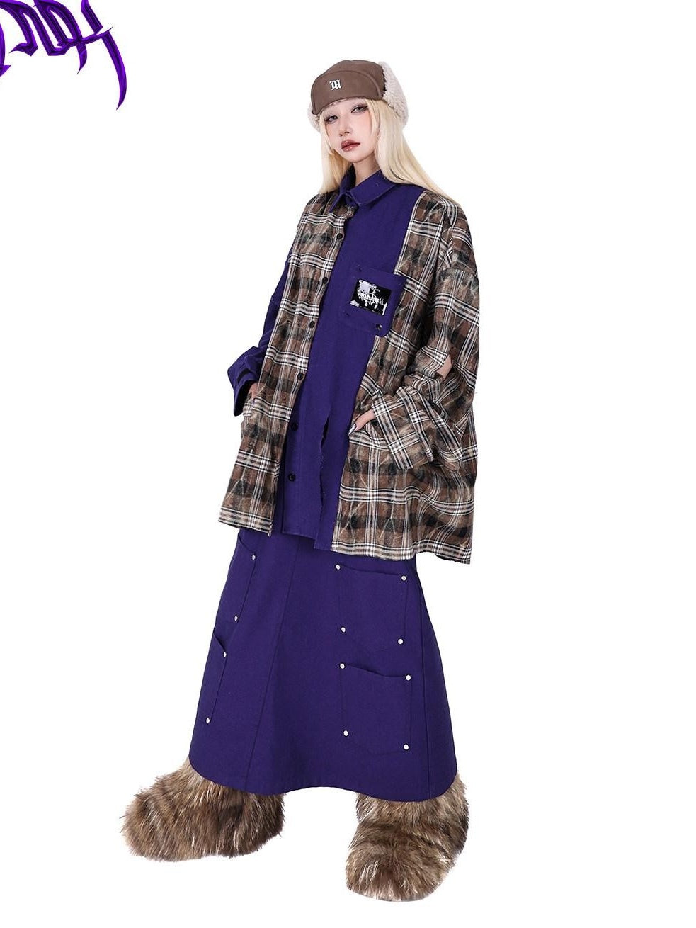 PINKSPINK Lilac Patchwork Tie Dye Plaid Distressed Polo Women's Oversized Shirts