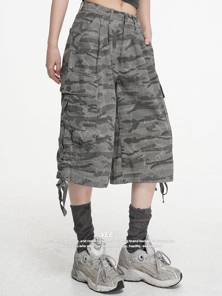 VEEMIX Cement Gray Camouflage Cargo Drawstring Pockets Women's Cropped Jeans