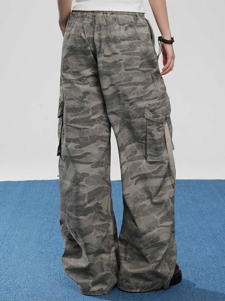 VEEMIX Military Green Camouflage Cargo Pockets Women's Cotton Blend Wide-leg Pants