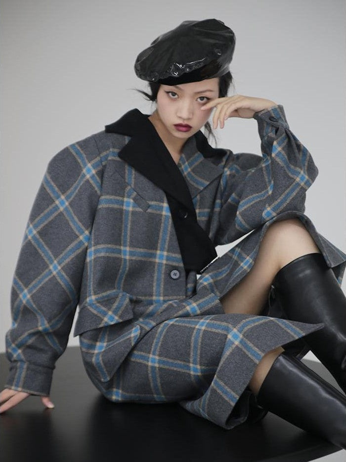 Jnylon studios Deconstructed Plaid Asymmetric Color Block Women's Wool Long Straight Coat With Pockets Buttons Wool Coats