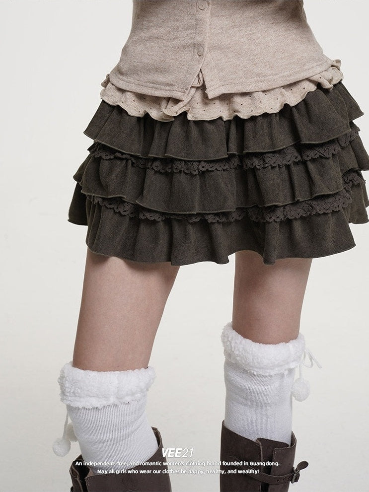 VEEMIX_Dark_Gray_Distressed_Pleated_Low_Waist_Women's_Suede_Tiered_Skirts_993240367506_MISSTT