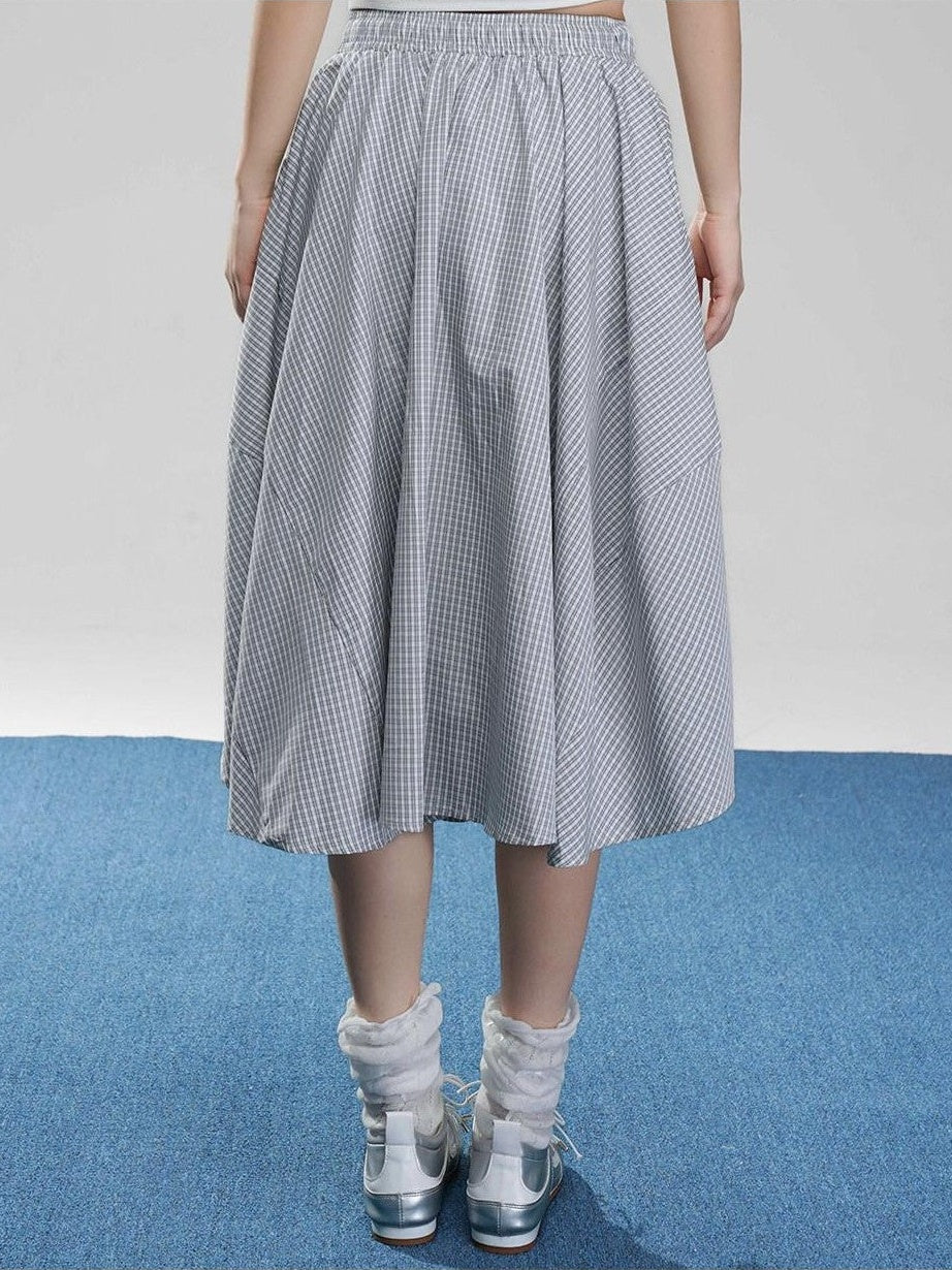 VEEMIX Fog Blue Fine Check A Line High Waist Elastic Women's Viscose Midi Skirts