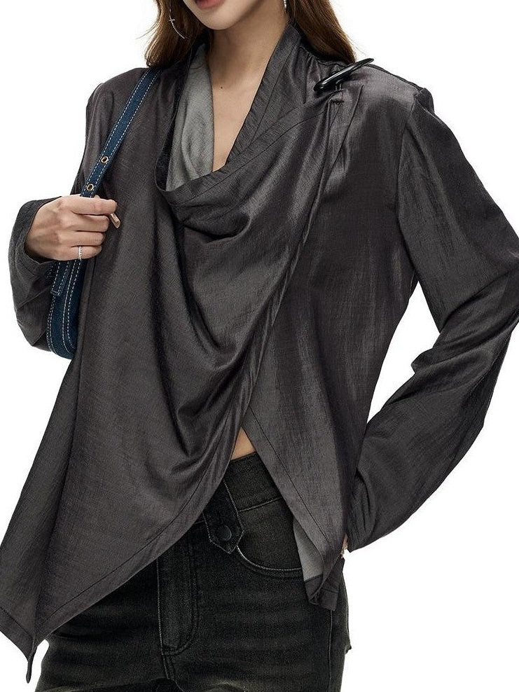 Fanptntox Asymmetric Draped Cow Horn Button Slit Hem Women's Loose Long Sleeve T-shirts