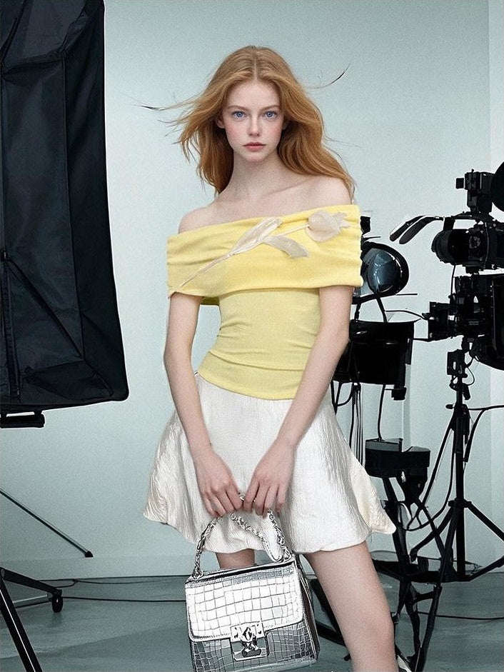 GGLOYDIUS 3d Floral Off Shoulder Yellow Women's Silk Casual Top & Skirt Sets