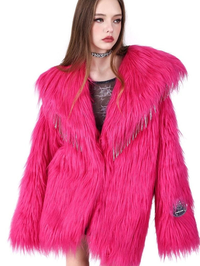 PINKSPINK Barbie Pink Rhinestone Pendant Fringe Y2k Silhouette Women's Faux Fur Coats