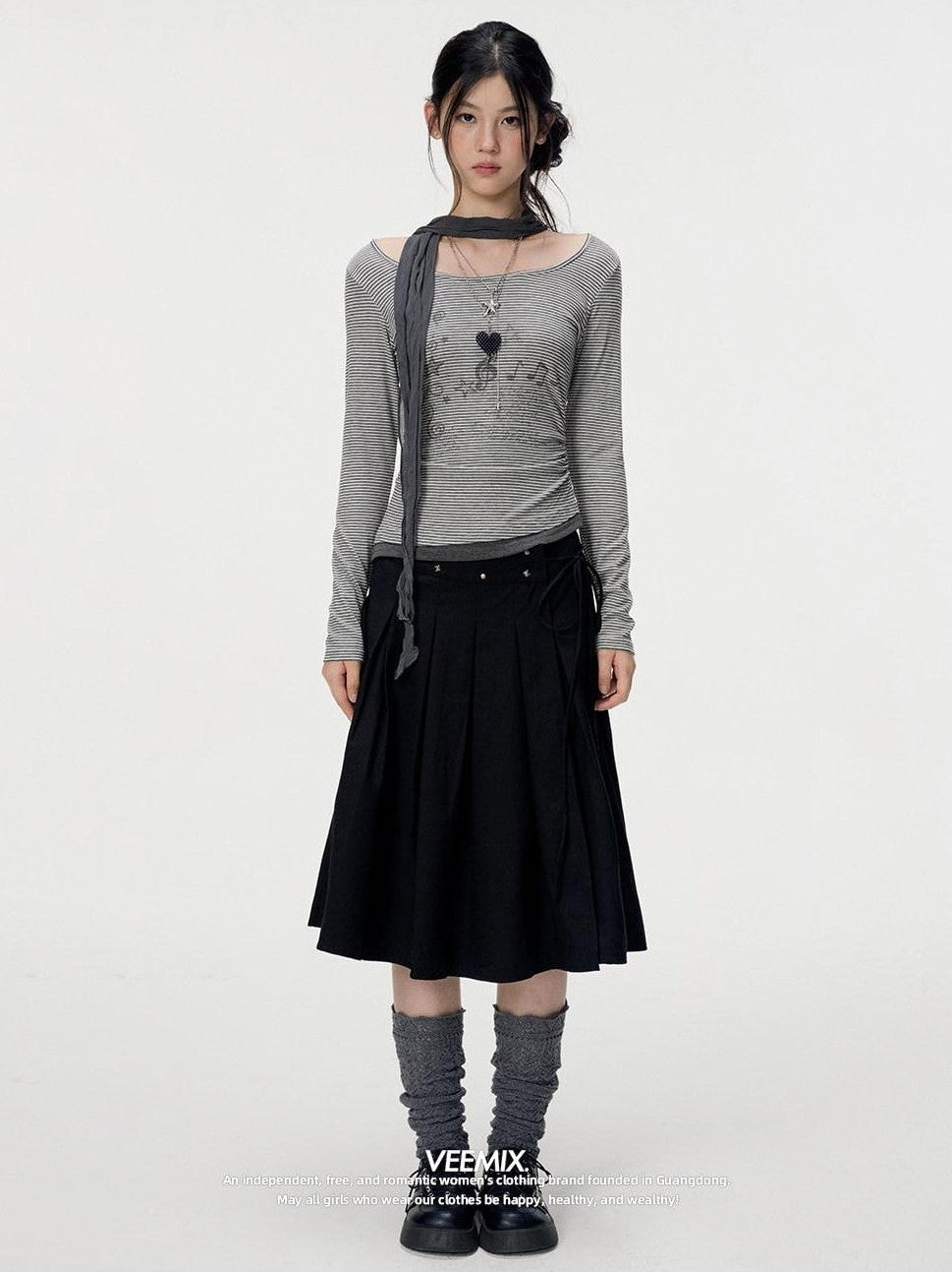 VEEMIX Gray Fine Stripe Ruched Fake Two Piece Women's Lyocell Long Sleeve T-shirts