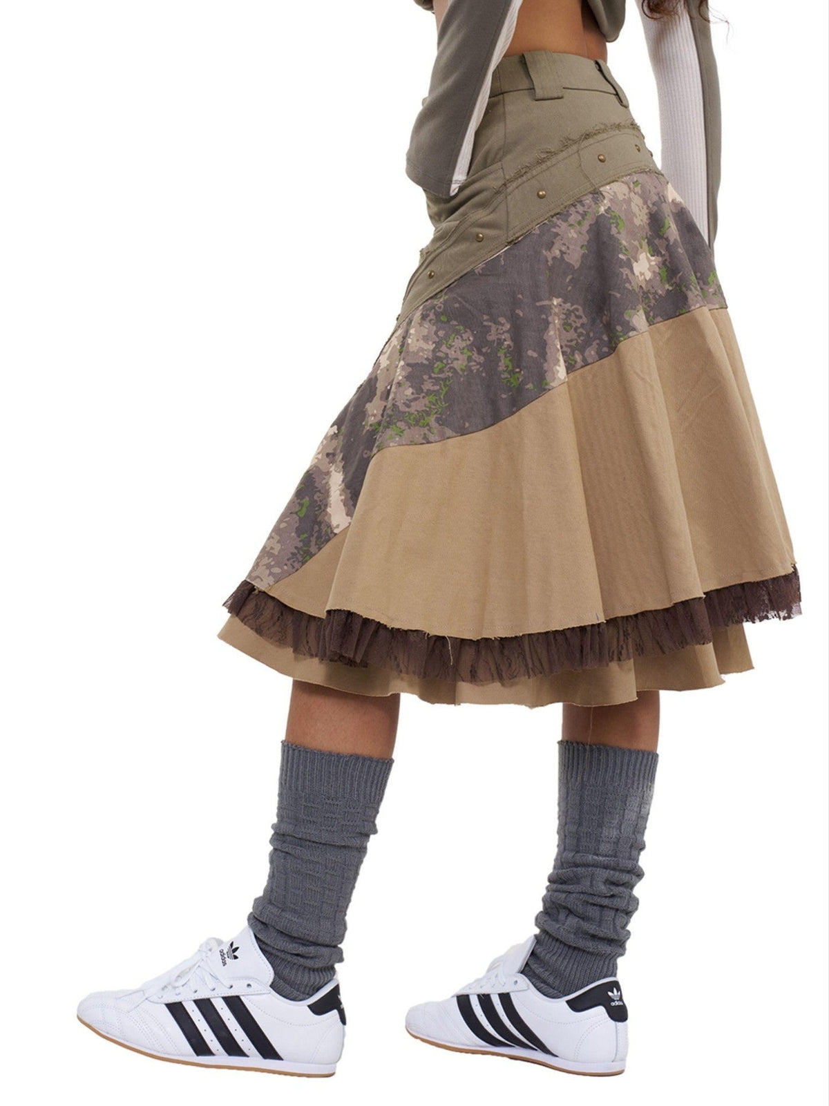 NextPassport MOF Khaki Camo Three Panel Patchwork Asymmetric Flared Women's Cotton Midi Skirts