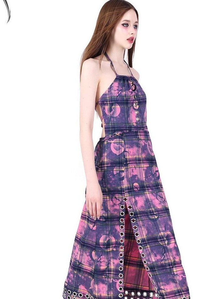 PINKSPINK Dusty Pink Checkered Metal Structure Slit Lace Up Women's Halter Maxi Dresses
