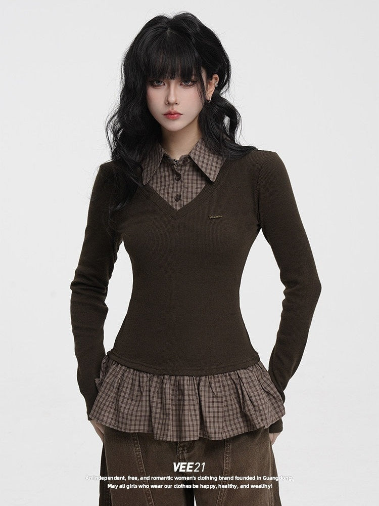 VEEMIX_Plaid_Faux_Two_Piece_Contrast_Patchwork_Women's_Polyester_Long_Sleeve_T-shirts_980043111109_MISSTT