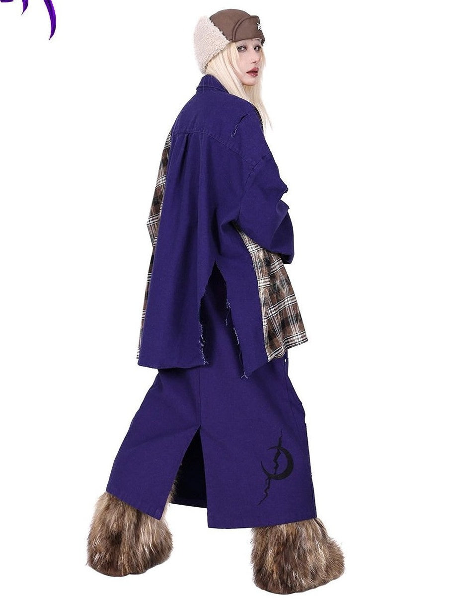 PINKSPINK Dark Purple Embroidered Multi Pocket Patchwork Women's Denim Maxi Skirts