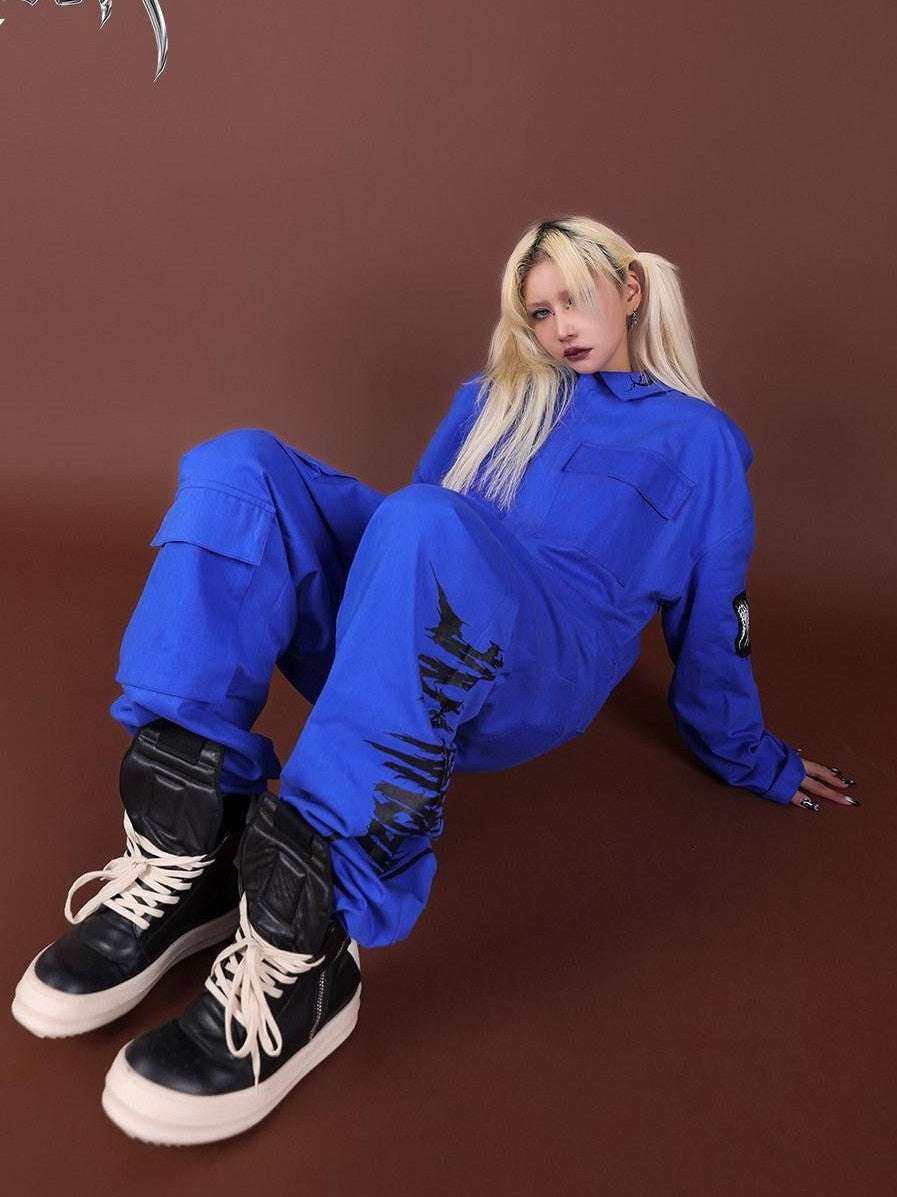PINKSPINK Blue Patchwork Applique Embroidered Multi Pocket Women's Cotton Cargo Pants