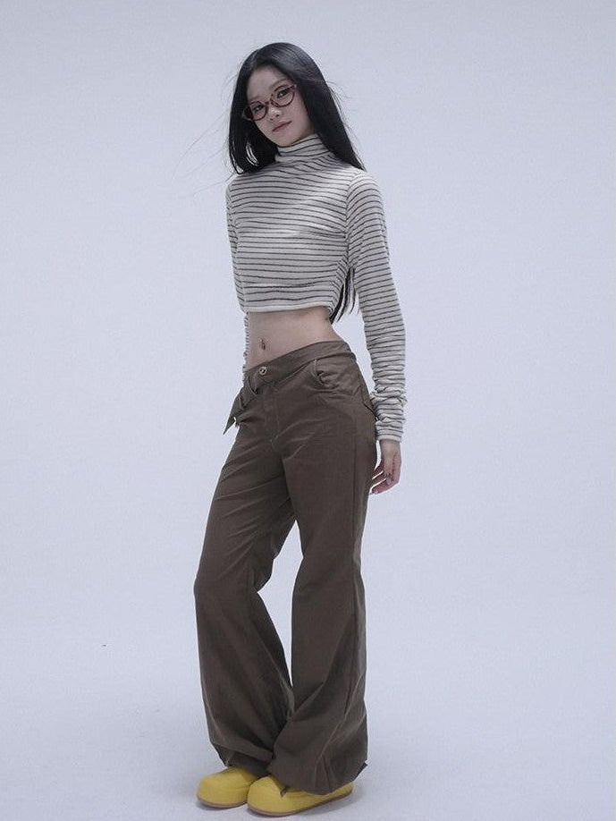 GGLOYDIUS Silver Ring Utility Cargo High Waist Women's Cotton Wide-leg Pants