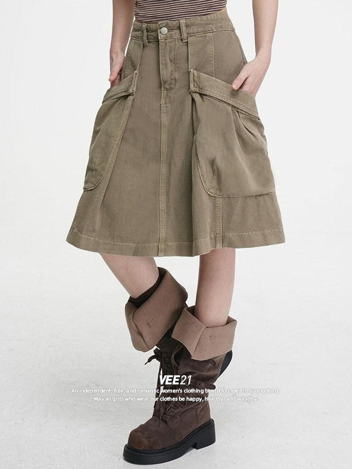 VEEMIX Brown Denim Big Pocket A Line Workwear Women's Rayon Cotton Blend Cargo Skirts