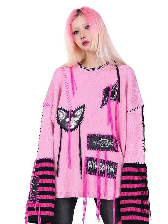 PINKSPINK Pink Sphinx Cat Handmade Patch Rock Punk Striped Women's Acrylic Sweaters
