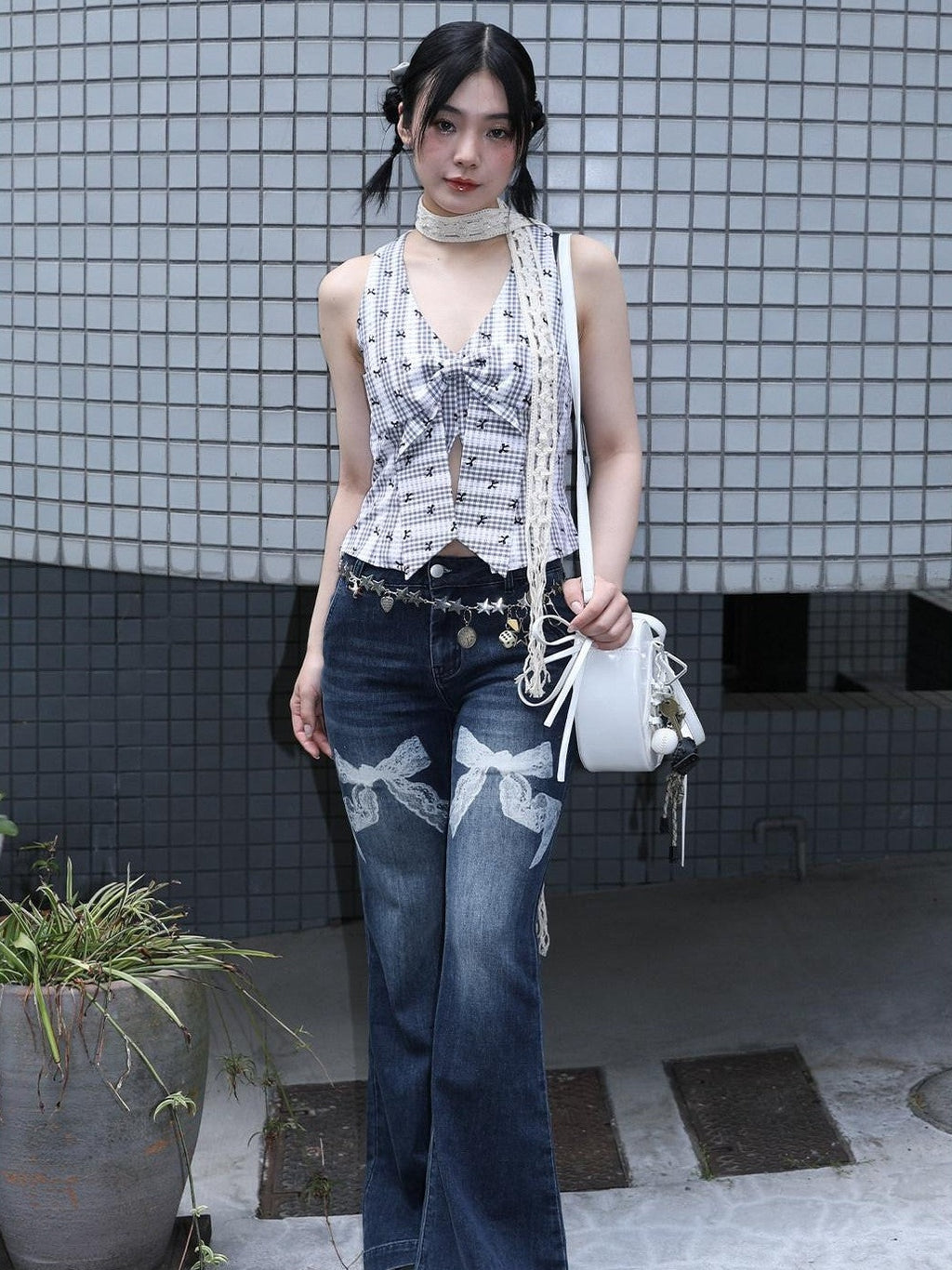 MOF Lace Trim Butterfly Bow Printed Wide Leg Women's Cotton Barrel-leg Jeans