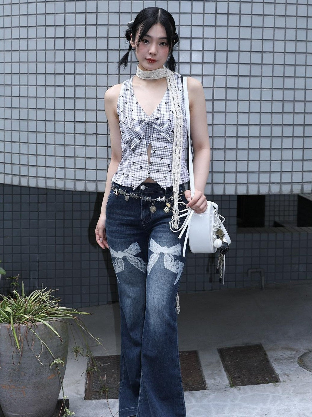 MOF Lace Trim Butterfly Bow Printed Wide Leg Women's Cotton Barrel-leg Jeans