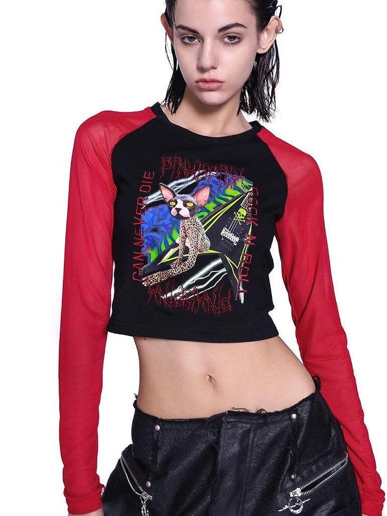 PINKSPINK Black Sphinx Cat Print Patchwork Slim Fit Women's Mesh Long Sleeve T-shirts