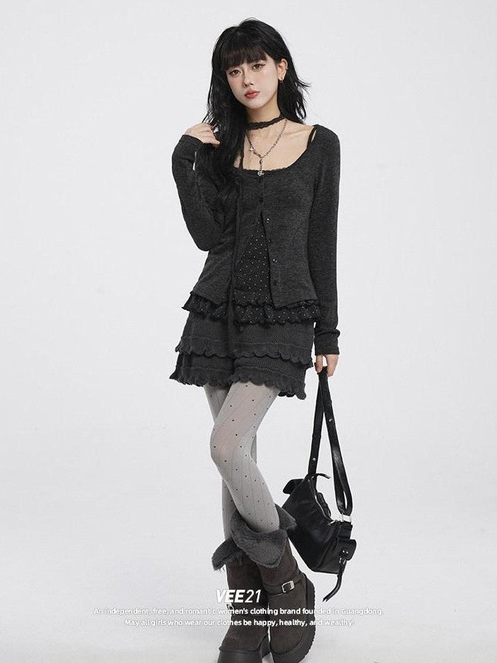 VEEMIX Gray Polka Dot Cropped Cardigan Low Neck Slim Women's Rayon Camisoles