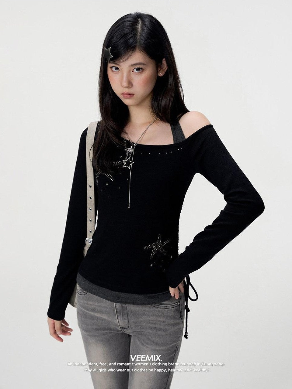VEEMIX Rhinestone Star Faux Two Piece Halter Women's Cotton Long Sleeve T-shirts
