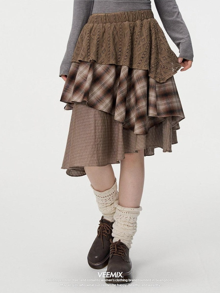 VEEMIX Gray Plaid Asymmetric High Waist Patchwork Women's Cotton Blend Midi Skirts
