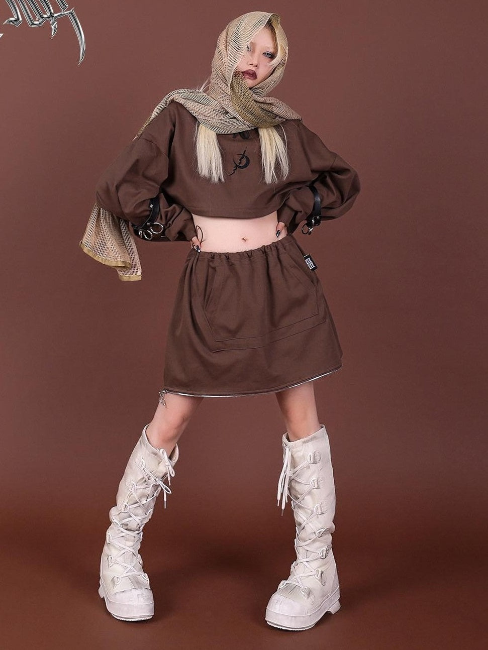 PINKSPINK Brown Embroidered Hooded Zip Convertible Women's Cotton Matching Skirt Sets