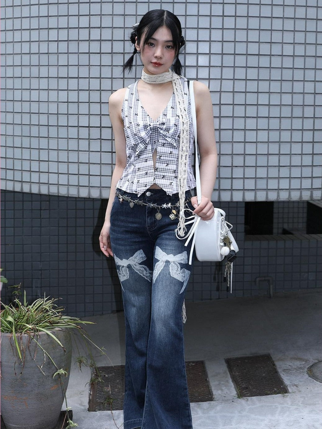 MOF Leopard Kitty Print 3d Print Curved Hem Women's Barrel-leg Jeans