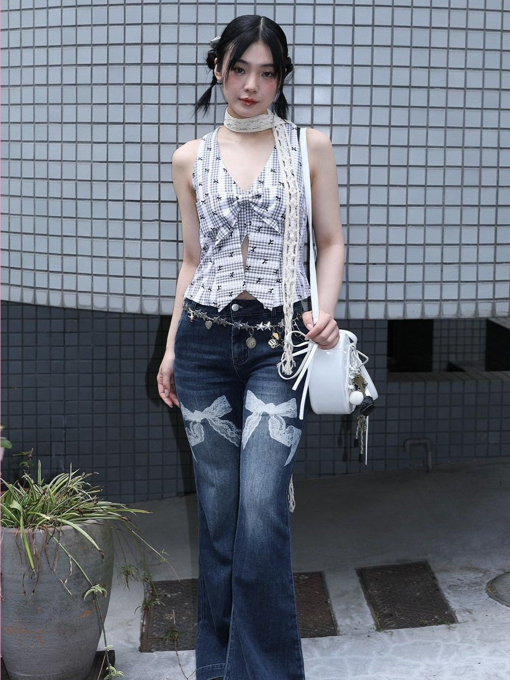 MOF Leopard Kitty Print 3d Print Curved Hem Women's Barrel-leg Jeans