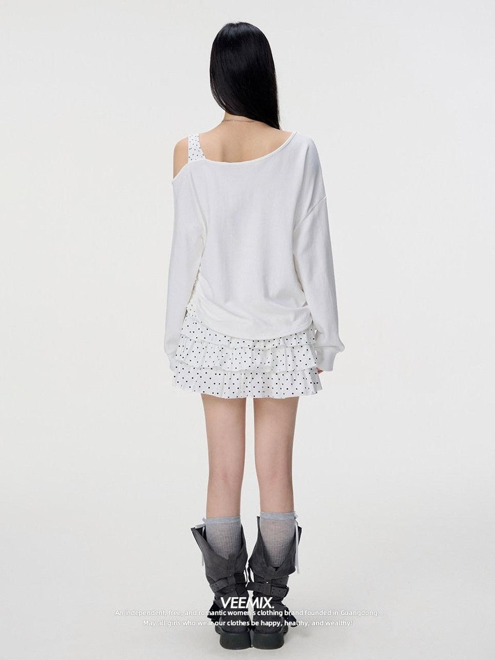 VEEMIX Off Shoulder Faux Layered Slanted Neck Polka Dot Women's Cotton Sweatshirts