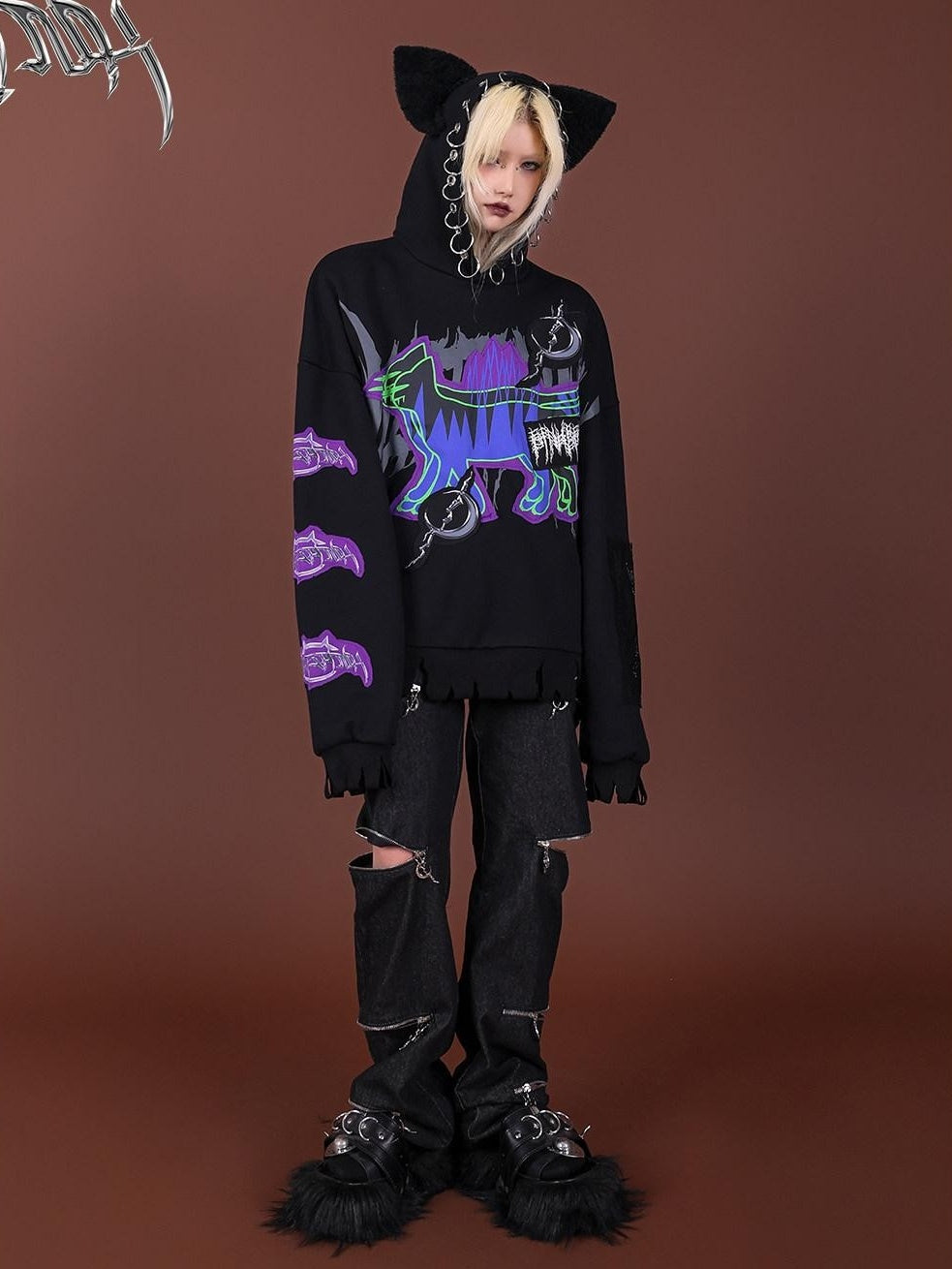 PINKSPINK Horror Cat Patch Embroidered Ring Ear Distressed Women's Cotton Hoodies