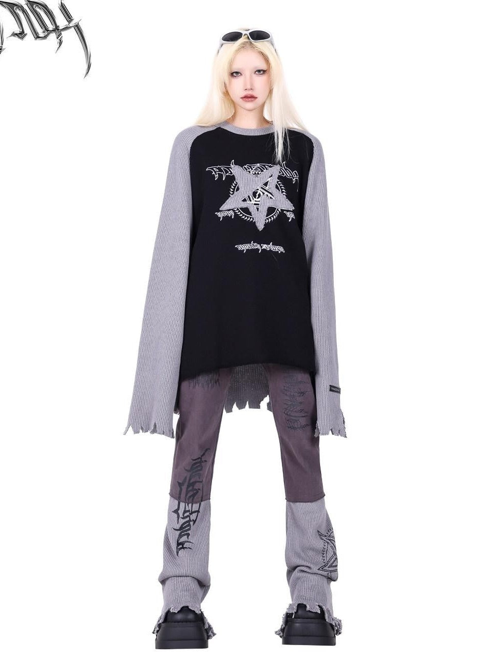 PINKSPINK Pentagram Denim Patchwork Raglan Printed Women's Knit Sweatshirts