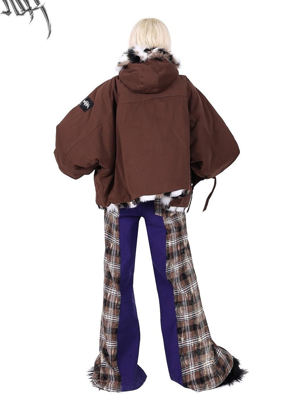 PINKSPINK Dream Purple Patchwork Zipper Plaid Asymmetric Pocket Women's Wide-leg Pants